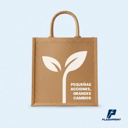 alt="bolsa de yute ecológica con asas y diseño personalizado, ideal para promociones sostenibles"