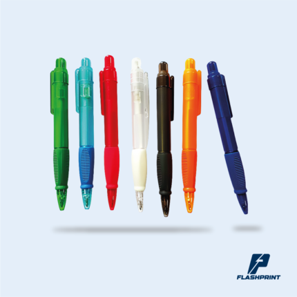 alt="lapiceros plásticos translúcidos con grip de goma en varios colores"