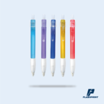 alt="lapicero translúcido de colores con grip blanco y tinta azul"