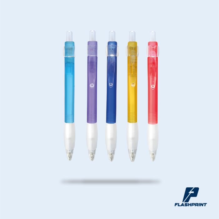 alt="lapicero translúcido de colores con grip blanco y tinta azul"