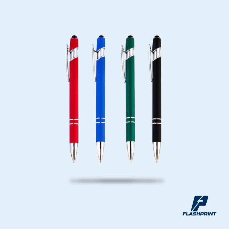alt="lapicero de colores con acabados metálicos y tinta negra seca"
