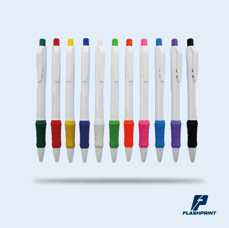 alt="lapicero retráctil de plástico con grip de color y tinta azul"