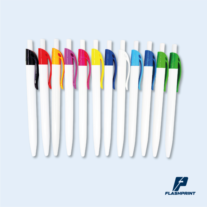 alt="lapicero con clip de colores, retráctil y personalizable con tinta azul"