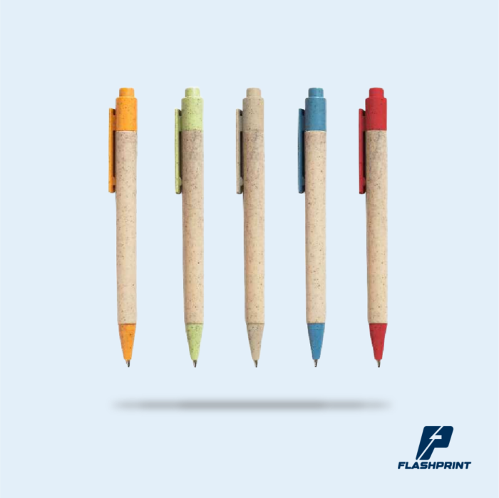 alt="lapicero de fibra de trigo con detalles de colores ecológico y tinta azul"