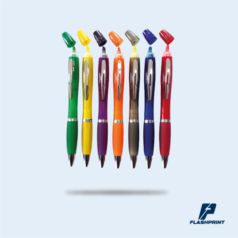 alt="lapicero plástico con resaltador integrado color neón y tinta azul"