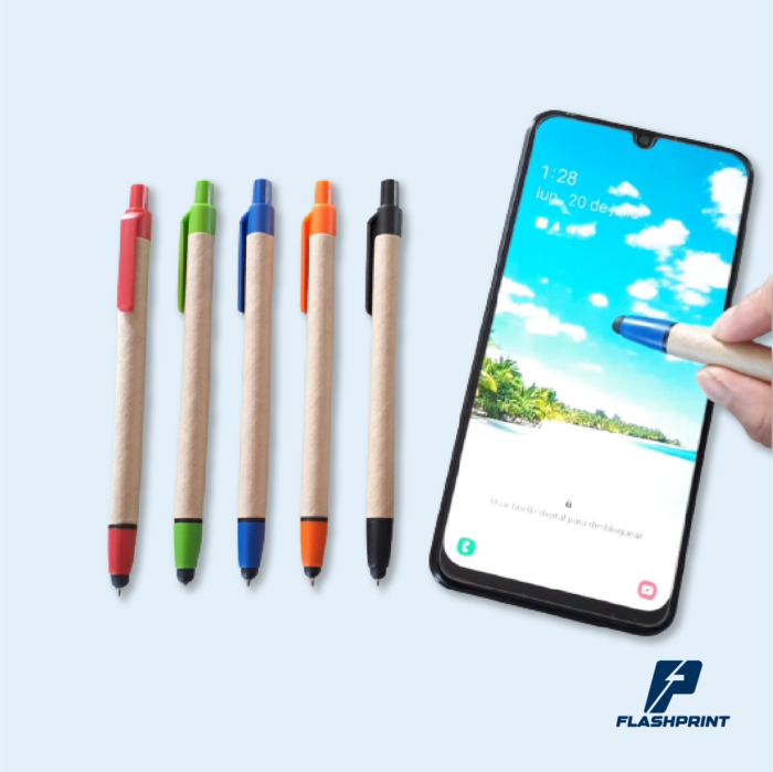 alt="Lapicero ecológico con touch y tinta azul, ideal para pantallas y escritura sostenible"