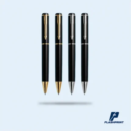 alt="Lapicero metálico de tinta líquida, negro con detalles dorados o plateados, ideal para regalos ejecutivos"