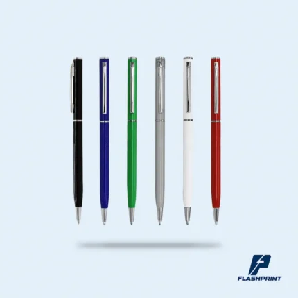 alt="lapicero metálico con sistema giratorio y cuerpo elegante, ideal para uso ejecutivo"