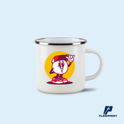 alt="Taza enamel metálica esmaltada blanca con borde metálico, estilo vintage, ideal para personalización"
