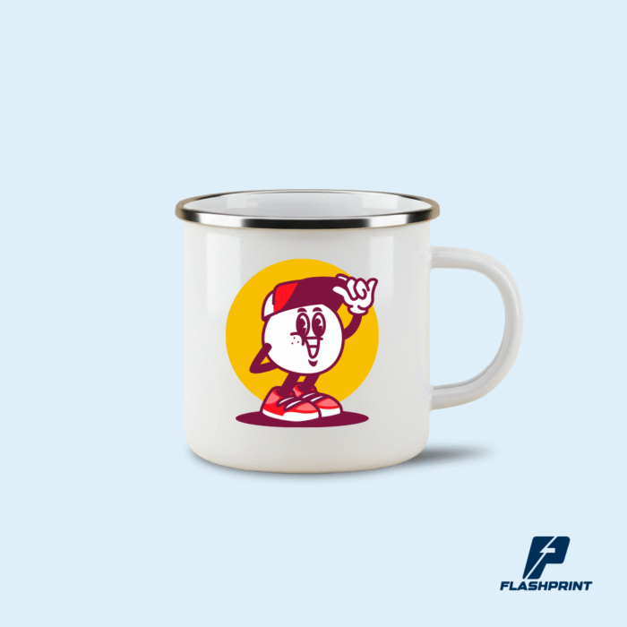 alt="Taza enamel metálica esmaltada blanca con borde metálico, estilo vintage, ideal para personalización"
