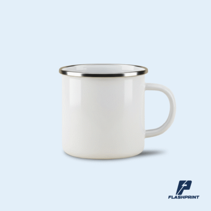 alt="Taza enamel metálica esmaltada blanca con borde metálico, estilo vintage, ideal para personalización"