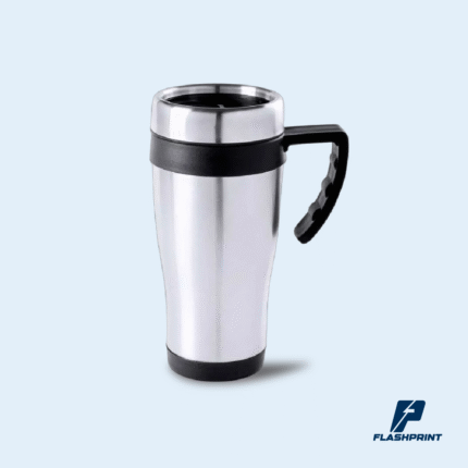 alt="Mug de plástico con jarro de acero inoxidable y asa plástica en colores azul, rojo y negro, capacidad 400 ml"