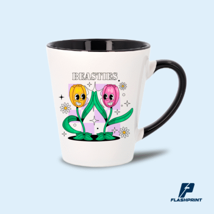 alt=Taza cónica de cerámica 12 oz con color interior y asa, personalizada en impresión full color"