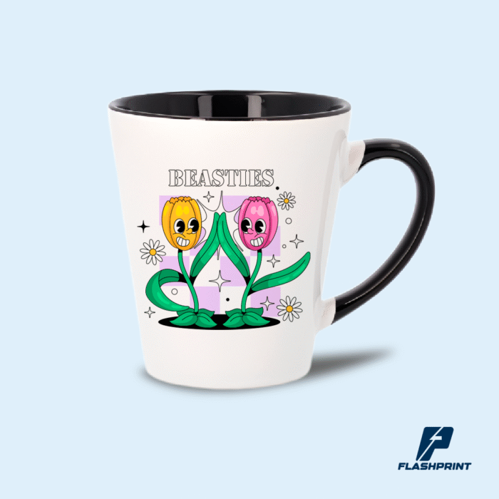 alt=Taza cónica de cerámica 12 oz con color interior y asa, personalizada en impresión full color"