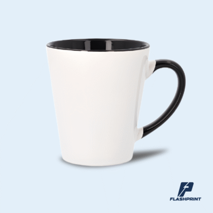 alt=Taza cónica de cerámica 12 oz con color interior y asa, personalizada en impresión full color"