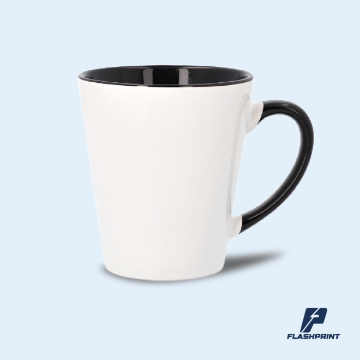 alt=Taza cónica de cerámica 12 oz con color interior y asa, personalizada en impresión full color"