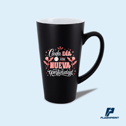 alt="taza cónica negra de cerámica 17 oz y 11 oz personalizable"